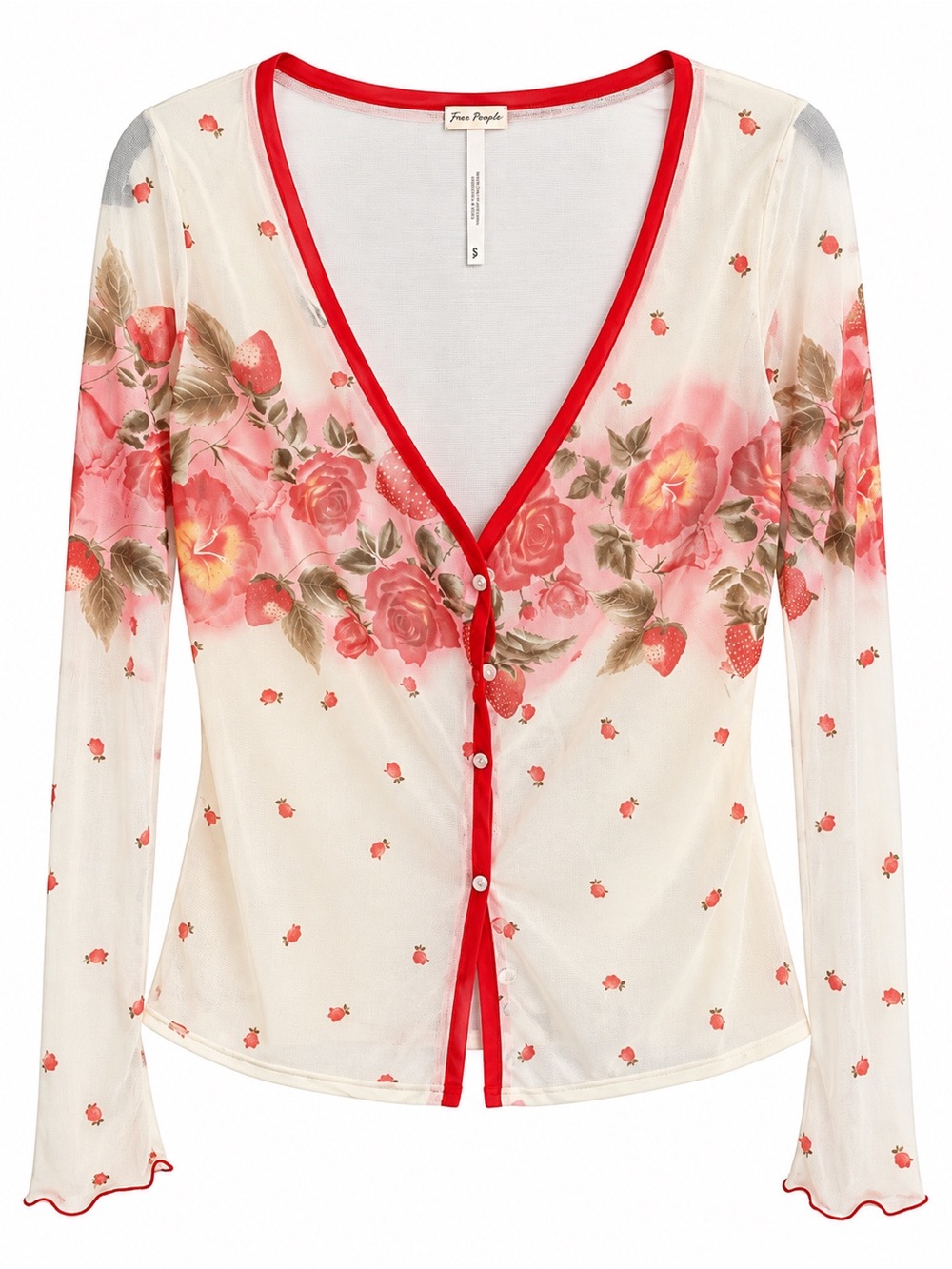 Free People Floral Mesh Cardigan - Red Accent S